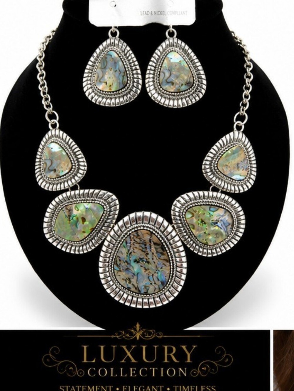 Natural Abalone Shell Statement Necklace & Earrings Set NWT Rhodium Plated Silve